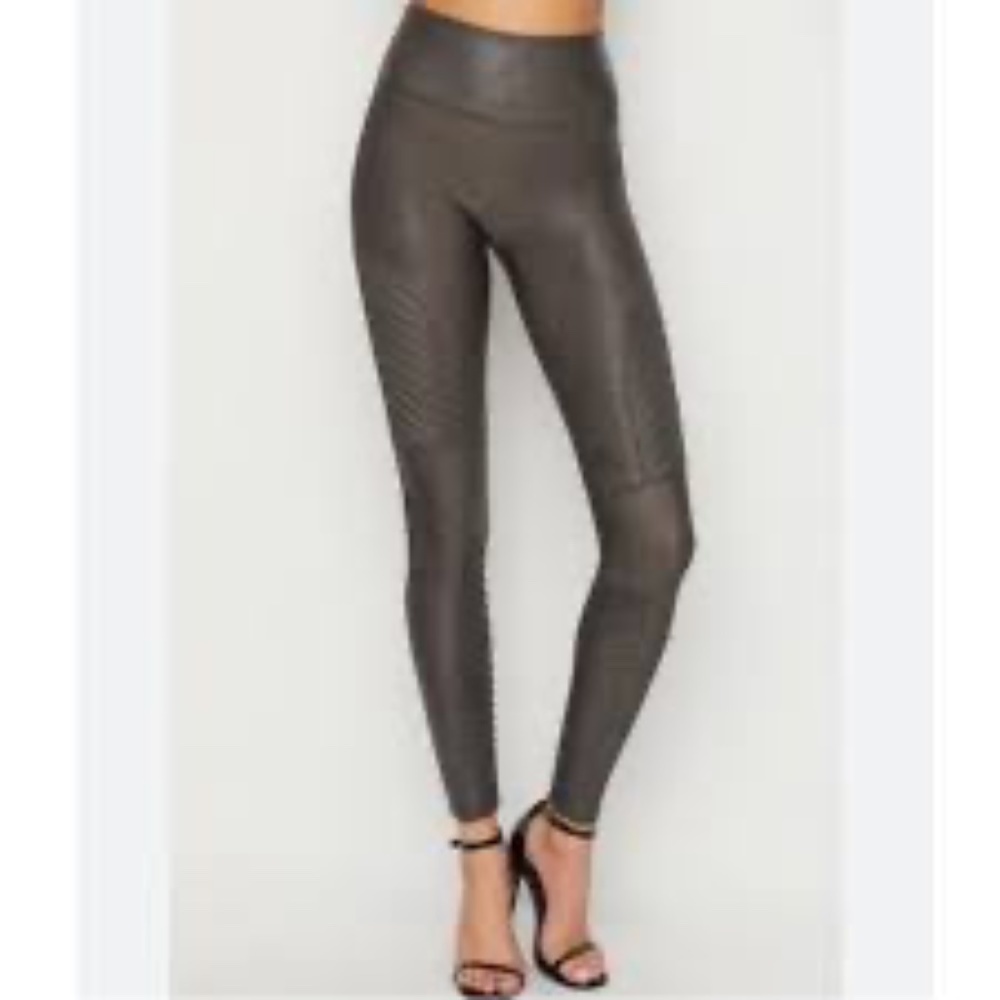 Spanx Womens Faux Leather Moto Ribbed Leggings Gunmetal Gray Silver Stretch M